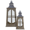 Benzara 2 Piece Window Pane Design Wooden Lantern with Glass in Sets,Brown and Clear
