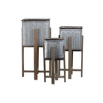 Benzara 3 Piece Square Vented Design Metal Planters with Copper Rim, Gray and Brown