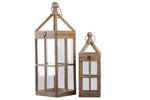 Benzara Wooden Lantern with Finial Top and Intersecting Glass Panes, Set of 2,Brown