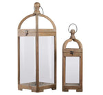 Benzara Wooden Lantern with Finial Top and Glass Window Design, Set of 2,Brown