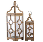 Benzara Lantern with Round Finial Top and Double Circle Panes, Set of 2, Brown