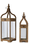 Benzara Wooden Lantern with Round Finial Top and Glass Panes, Set of 2, Brown