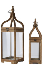 Benzara Wooden Lantern with Round Finial Top and Glass Panes, Set of 2, Brown
