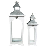 Benzara Wooden Lantern with Corrugated Metal Top and Glass Panes, Set of 2, White