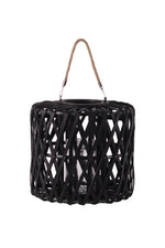 Benzara Lattice Design Cylindrical Wooden Lantern with Rope Handle, Medium, Black