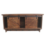 Benzara Wooden Wall Storage with 2 Sliding Doors and 5 Metal Hooks, Brown