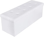Benzara Rectangular Button Tufted Leatherette Storage Ottoman Bench, White