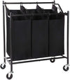 Benzara 3 Bag Metal Frame Laundry Storage Cart with Casters, Black