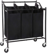 Benzara 3 Bag Metal Frame Laundry Storage Cart with Casters, Black