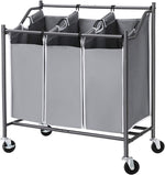 Benzara 3 Bag Metal Frame Laundry Hamper with Casters, Gray