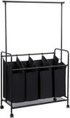 Benzara 4 Bag Metal Frame Laundry Storage Cart with Casters and Hanging Bar, Black
