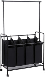 Benzara 4 Bag Metal Frame Laundry Storage Cart with Casters and Hanging Bar, Black