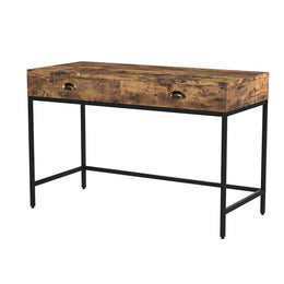 Benzara Industrial Grained Wooden Computer Desk with 2 Drawers, Brown and Black