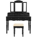 Benzara 3 Piece Wooden Vanity Set with Trifold Mirror and Padded Stool, Black