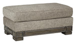 Benzara Polyester Upholstered Ottoman with Piped Stitching and Block Legs, Gray