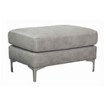 Benzara Fabric Upholstered Wooden Ottoman with Straight Metal Legs, Gray and Silver