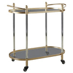 Benzara Metal Bar Cart with Oblong Tray Top and Bottom, Gold and Silver