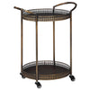 Benzara Round Tray Top Bar Cart with Spindle Railings and Curved Handles, Bronze