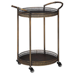 Benzara Round Tray Top Bar Cart with Spindle Railings and Curved Handles, Bronze