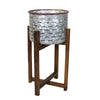 Benzara BM209842 Galvanized Metal Planter with Collapsible Wooden Base, Silver and Brown