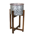 Benzara BM209842 Galvanized Metal Planter with Collapsible Wooden Base, Silver and Brown