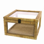 Benzara BM209846 Glass Case with Woven Rattan Frame and Latch Lock, Brown and Clear
