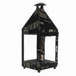 Benzara BM209853 Gatehouse Shape Reclaimed Metal Frame Lantern with Typography, Black