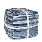 Benzara BM209912 Grid Pattern Chenille Upholstered Pouf with Cotton Filling, Blue and White