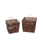 Benzara Resin Wicker Storage Basket with Metal Handle, Set of 2, Brown