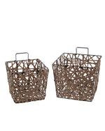Benzara Resin Wicker Storage Basket with Metal Handle, Set of 2, Brown and Black