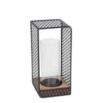 Benzara Hexagonal Metal Grid Body Lantern with Glass Hurricane, Small, Gray
