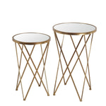 Benzara Round Glass Top Accent Table with Tubular Geometric Base, Set of 2, Gold