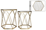 Benzara Metal Table with Hexagonal Marble Top and Diamond Design , Setof 2, Gold