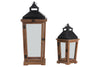 Benzara Wood and Metal Lanterns with Temple Top, Brown and Black, Set of 2