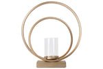 Benzara Metal Candle Holder with Abstract Ring Sculpture and Glass Hurricane, Gold