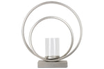 Benzara Metal Candle Holder with Abstract Ring Sculpture and Glass Hurricane,Silver
