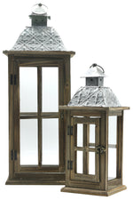 Benzara Wood and Glass Lanterns with Temple Design Top, Brown and Silver, Set of 2