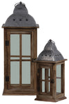 Benzara Wood and Metal Lantern with Cross Design, Brown and Gray, Set of 2