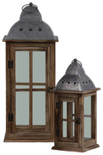 Benzara Wood and Metal Lantern with Cross Design, Brown and Gray, Set of 2