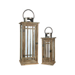 Benzara Wood and Glass Lantern with Grid Pattern and Metal Ring, Brown, Set of 2