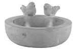 Benzara Cement Round Bird Bath with 2 Figurine and Engraved Floral Motif, Gray