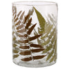 Benzara Modern Style Glass Hurricane with Enamelled Fern Leaf Design, Multicolor