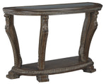 Benzara Crescent Moon Engraved Wooden Frame Sofa Table with Open Shelf, Dark Brown