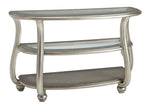 Benzara Crescent Moon Sofa Table with 2 Open Shelves and Swan Neck Legs, Silver