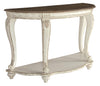 Benzara Crescent Moon Wooden Sofa Table with Engraved Details, Brown and White