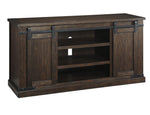 Benzara Large Wooden TV Stand with 2 Barn Sliding Doors and 6 Shelves, Brown