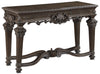 Benzara Ornate Engraved Wooden Frame Sofa Table with Fluted Turned Legs, Brown