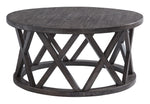 Benzara Plank Style Round Wooden Frame Cocktail Table with Lattice Cut Out, Gray
