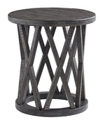 Benzara Plank Style Round Wooden Frame End Table with Lattice Cut Out, Gray