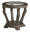 Benzara Round Engraved Wooden Frame End Table with Glass Tabletop, Dark Brown